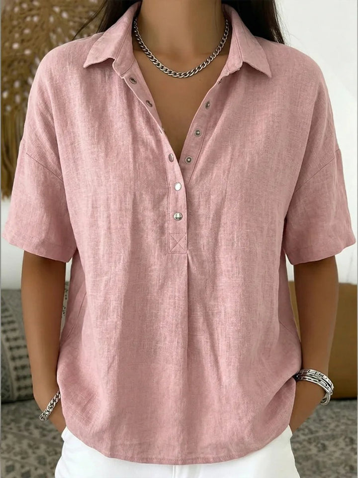 Dames Relaxed-Fit Korte Mouw Linnen Blouse met Knoopsluiting - Roze