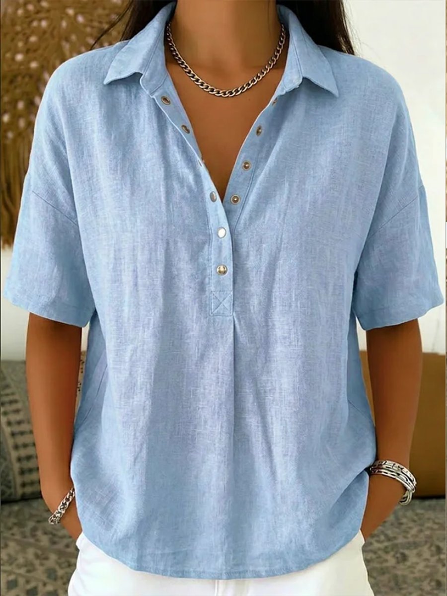 Dames Relaxed-Fit Korte Mouw Linnen Blouse met Knoopsluiting - Lichtblauw