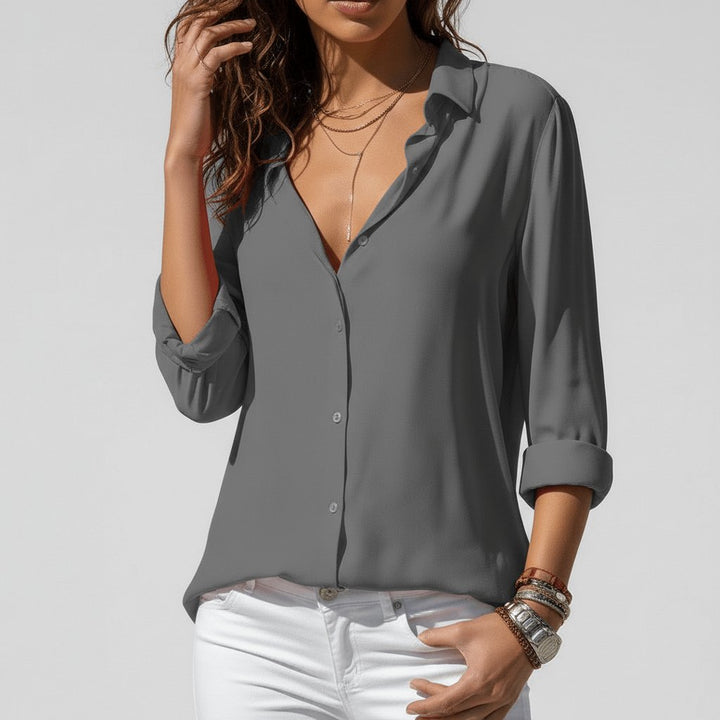 Dames Relaxed-Fit Lange Mouw Blouse Overhemdkraag Knoopsluiting - Classic Grey