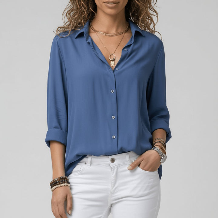 Dames Relaxed-Fit Lange Mouw Blouse Overhemdkraag Knoopsluiting - Ocean Blue