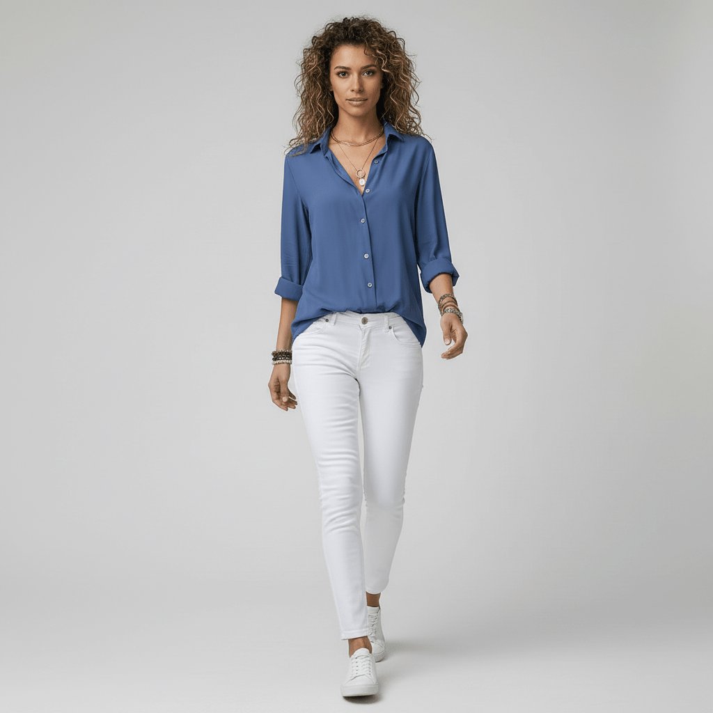 Dames Relaxed-Fit Lange Mouw Blouse Overhemdkraag Knoopsluiting