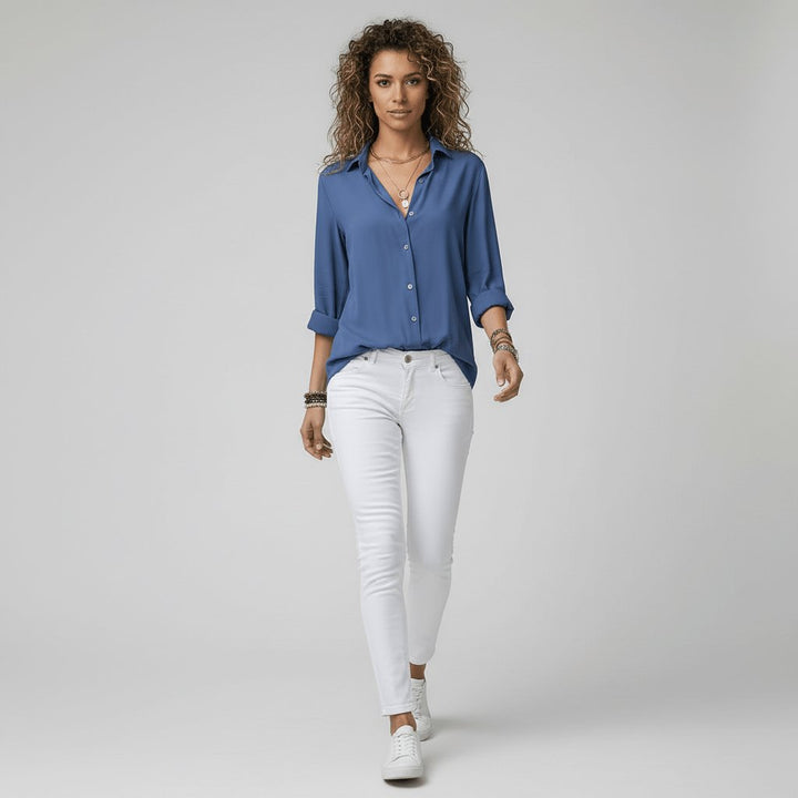 Dames Relaxed-Fit Lange Mouw Blouse Overhemdkraag Knoopsluiting