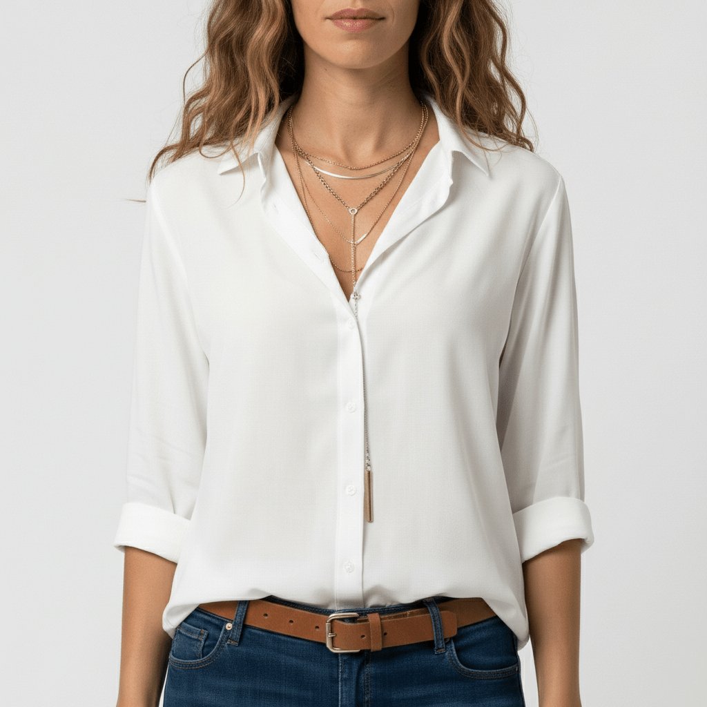 Dames Relaxed-Fit Lange Mouw Blouse Overhemdkraag Knoopsluiting - Pure White