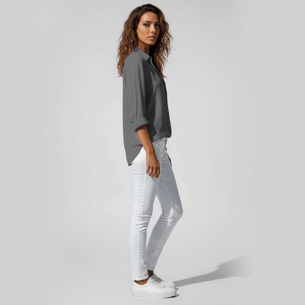 Dames Relaxed-Fit Lange Mouw Blouse Overhemdkraag Knoopsluiting