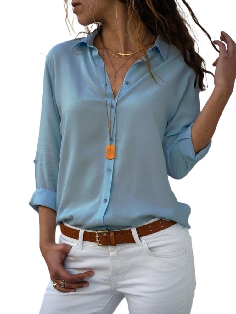 Dames Relaxed-Fit Luchtige Knoop Blouse met Oprolbare Mouwen - Light Blue