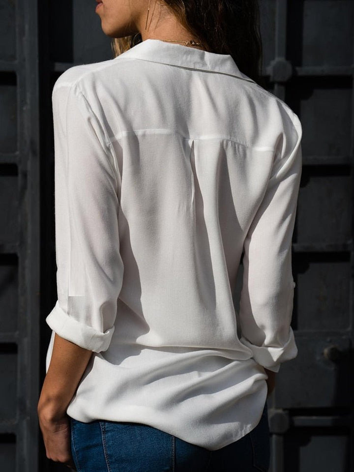 Dames Relaxed-Fit Luchtige Knoop Blouse met Oprolbare Mouwen