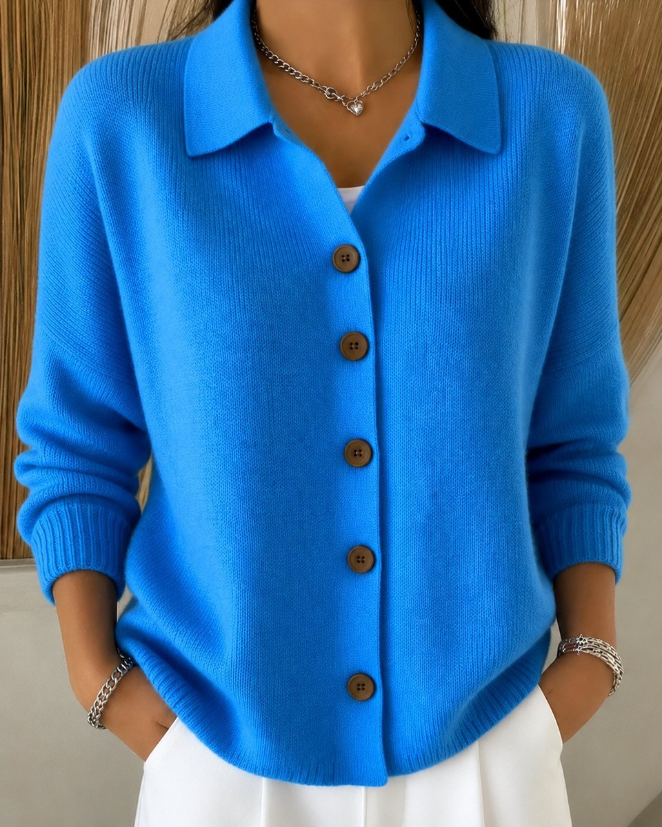 Dames Relaxed-Fit Polokraag Knoopsluiting Gebreide Cardigan - Blauw