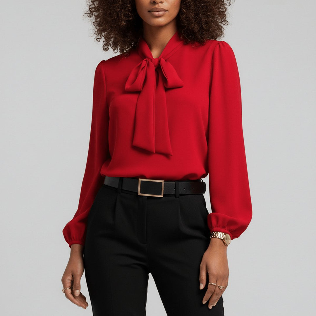 Dames Relaxed-Fit Strikjes Blouse met Lange Mouwen - Scharlakenrood