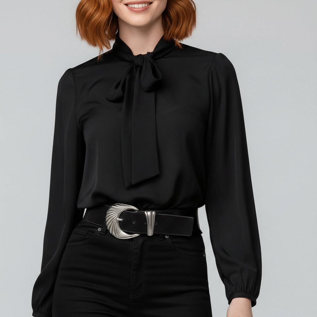 Dames Relaxed-Fit Strikjes Blouse met Lange Mouwen - Gitzwart