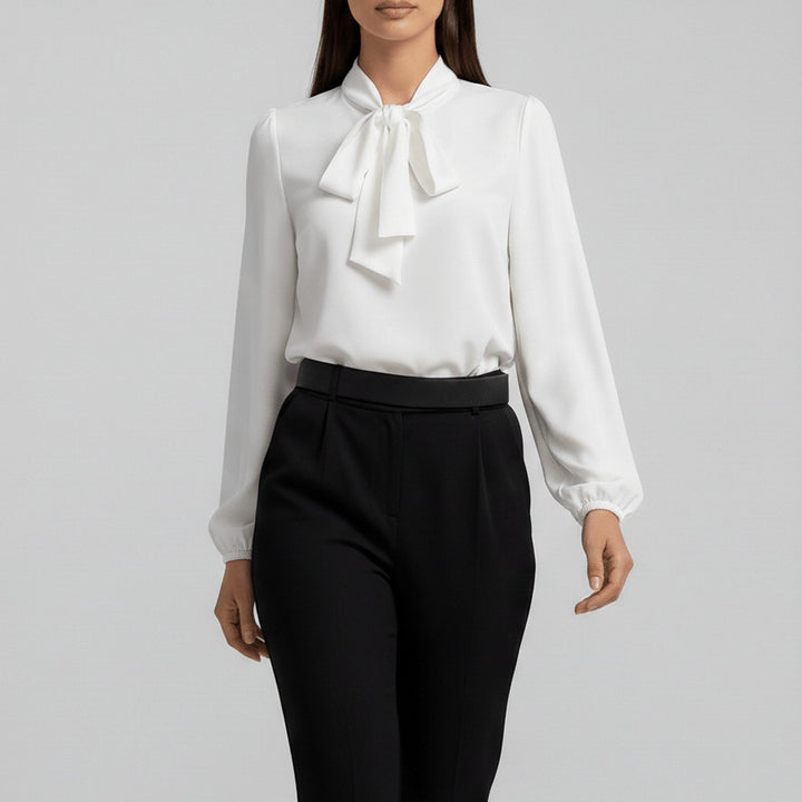 Dames Relaxed-Fit Strikjes Blouse met Lange Mouwen - Zuiver Wit