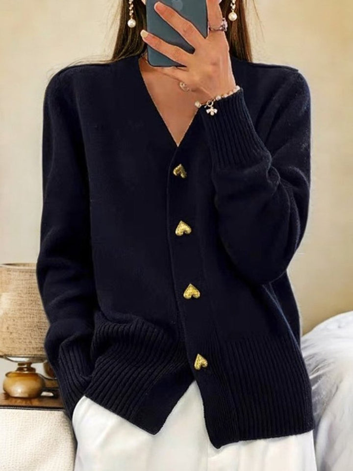 Dames Relaxed-Fit V-Hals Gebreide Cardigan Gouden Hartknopen - Zwart