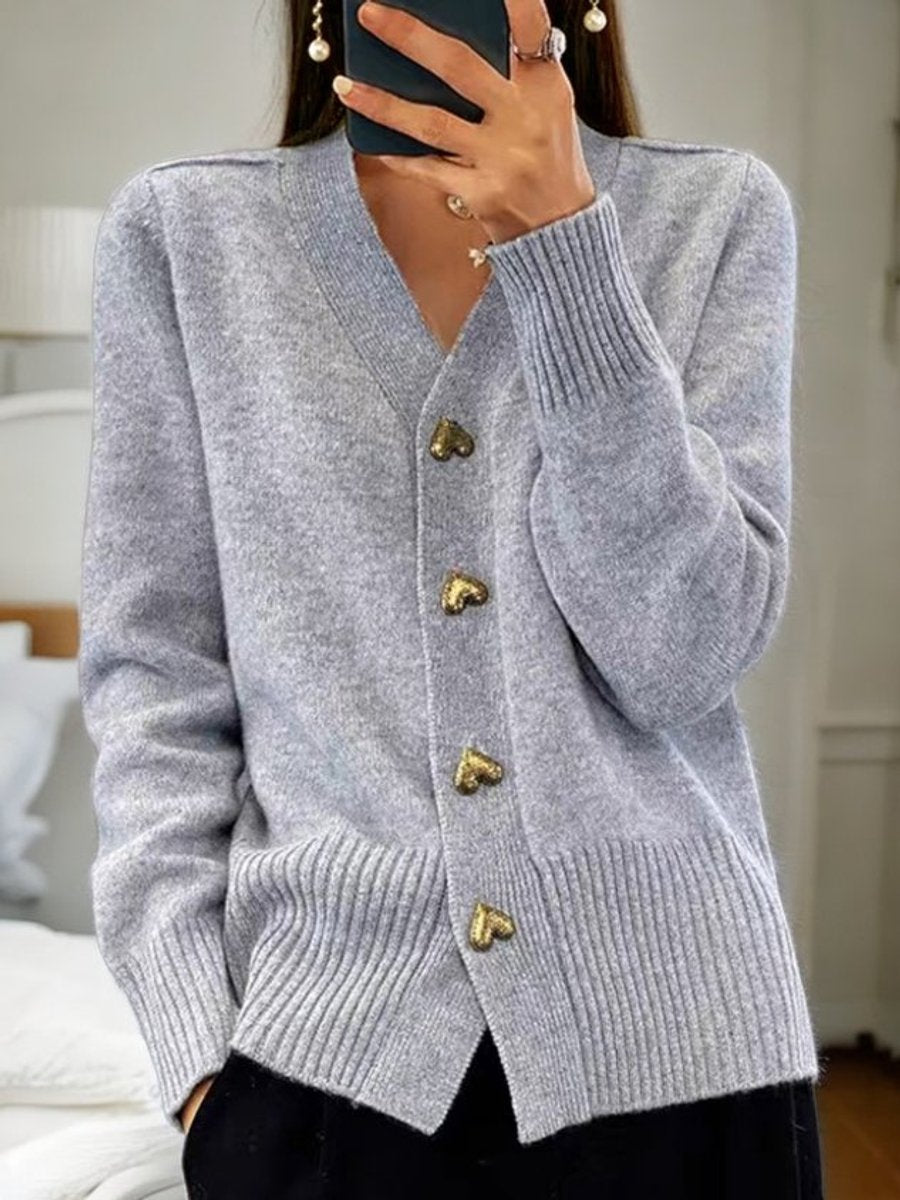 Dames Relaxed-Fit V-Hals Gebreide Cardigan Gouden Hartknopen - Grijs