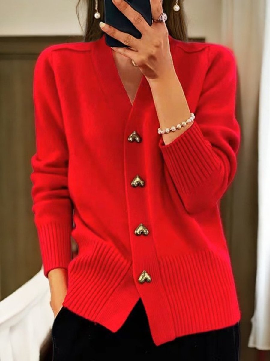 Dames Relaxed-Fit V-Hals Gebreide Cardigan Gouden Hartknopen - Rood