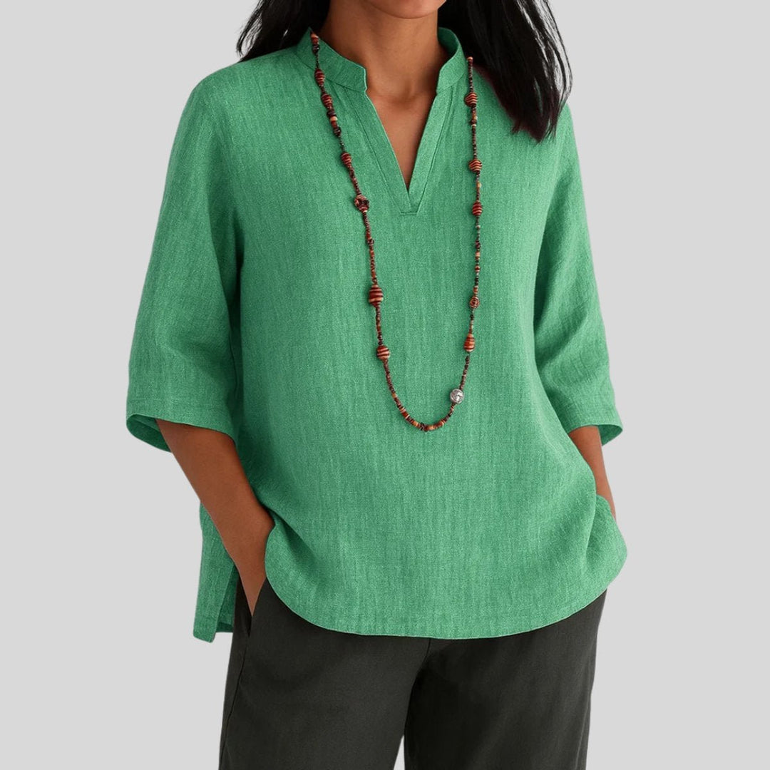 Dames Relaxed-Fit V-Hals Linnen Tunic met Driekwart Mouw - Groen