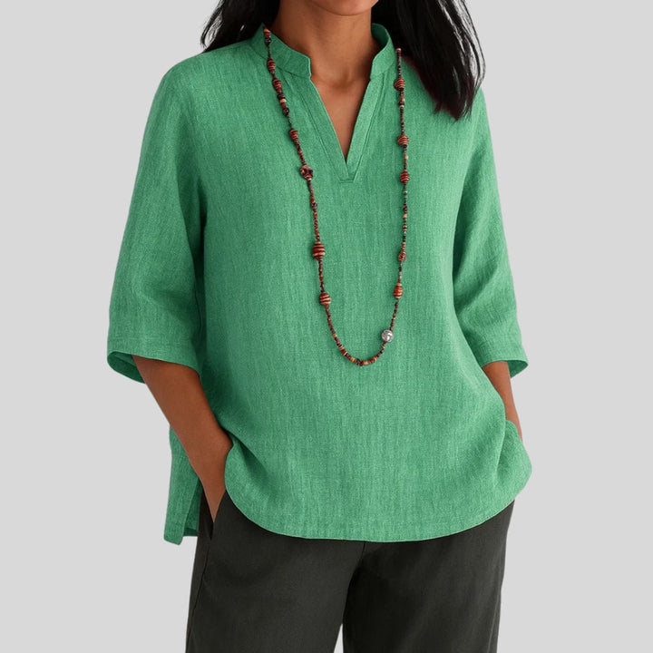 Dames Relaxed-Fit V-Hals Linnen Tunic met Driekwart Mouw - Groen