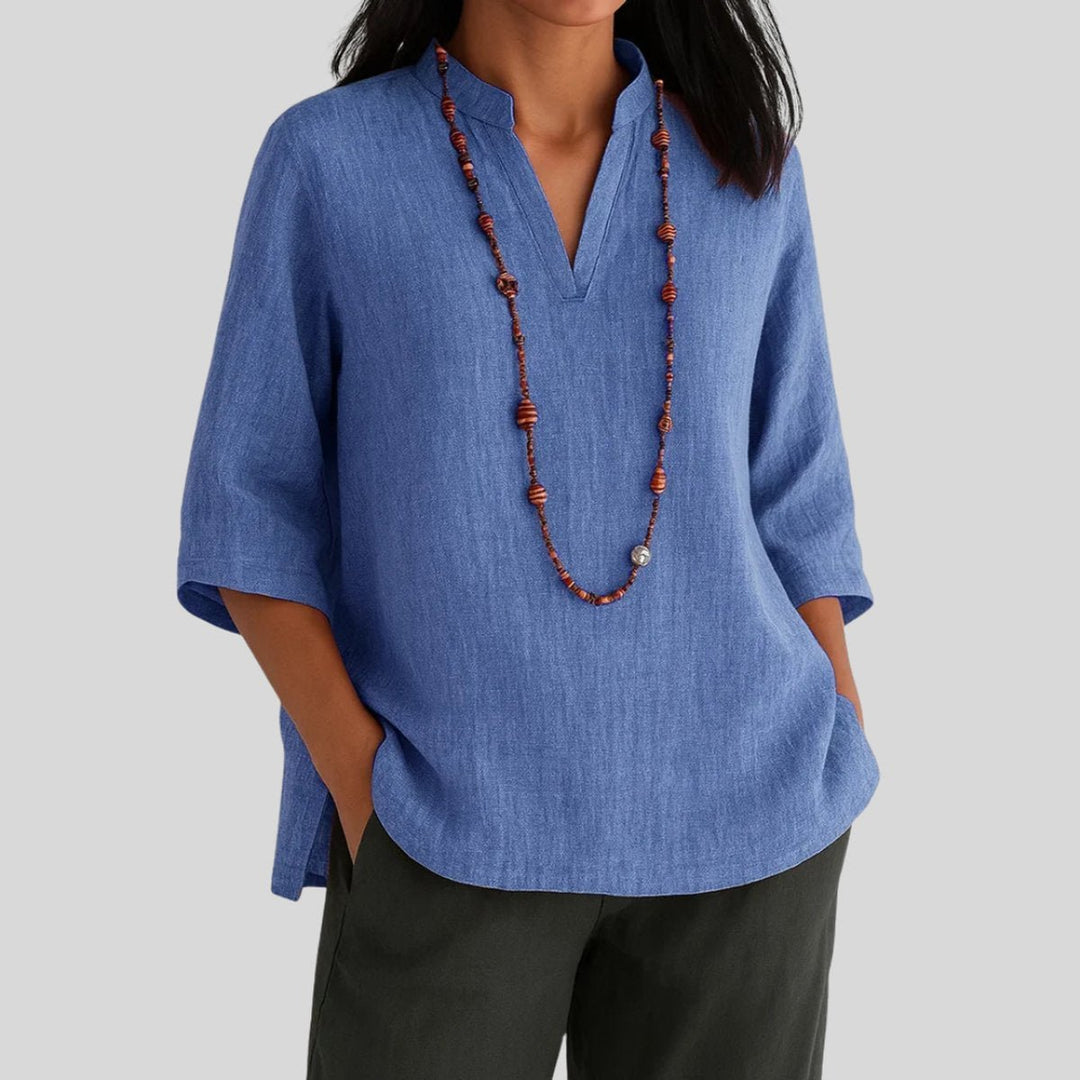 Dames Relaxed-Fit V-Hals Linnen Tunic met Driekwart Mouw - Blauw