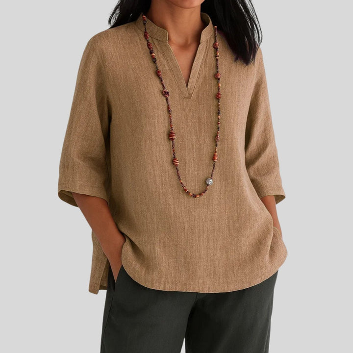 Dames Relaxed-Fit V-Hals Linnen Tunic met Driekwart Mouw - Bruin
