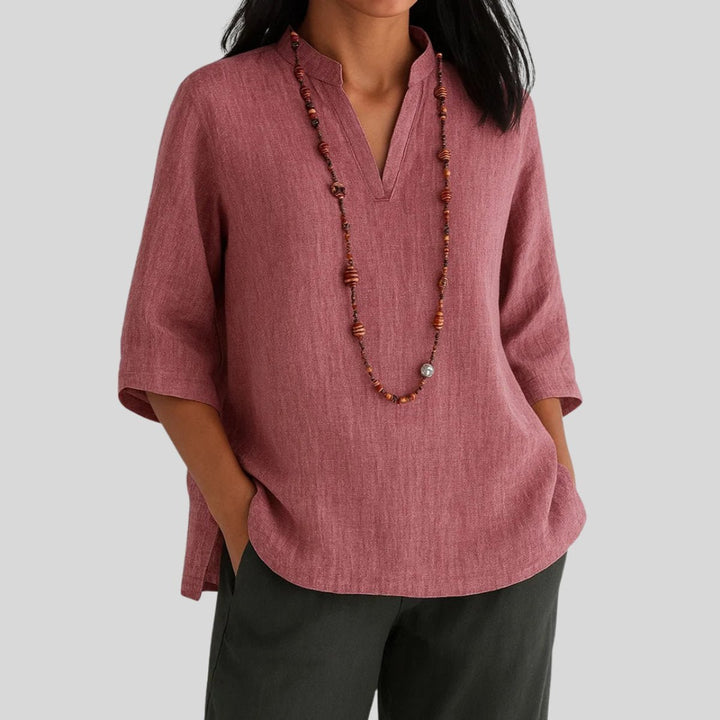 Dames Relaxed-Fit V-Hals Linnen Tunic met Driekwart Mouw - Rood