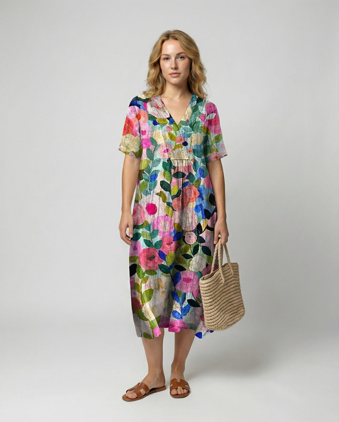 Dames Relaxed Linnen Bloemenprint Midi-jurk V-hals - Colourful Floral