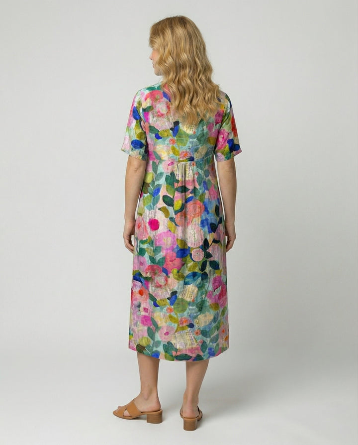 Dames Relaxed Linnen Bloemenprint Midi-jurk V-hals