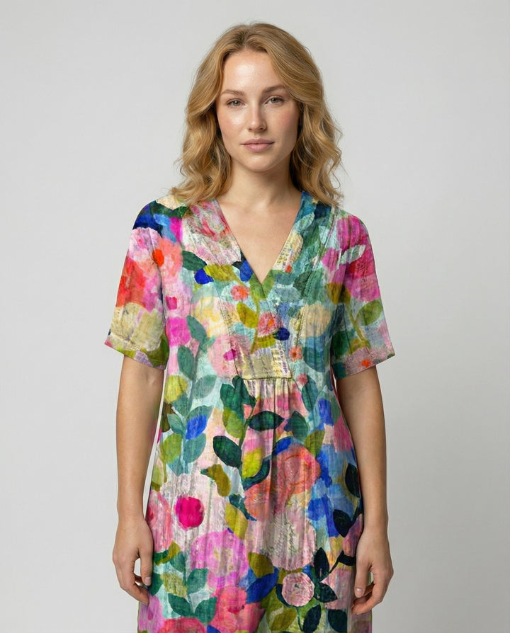 Dames Relaxed Linnen Bloemenprint Midi-jurk V-hals