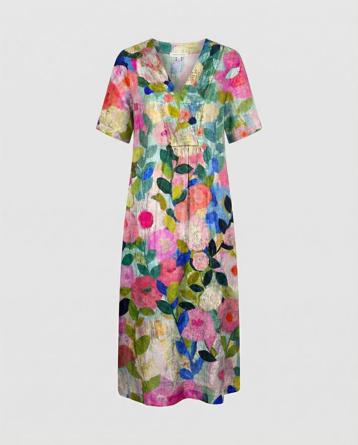 Dames Relaxed Linnen Bloemenprint Midi-jurk V-hals