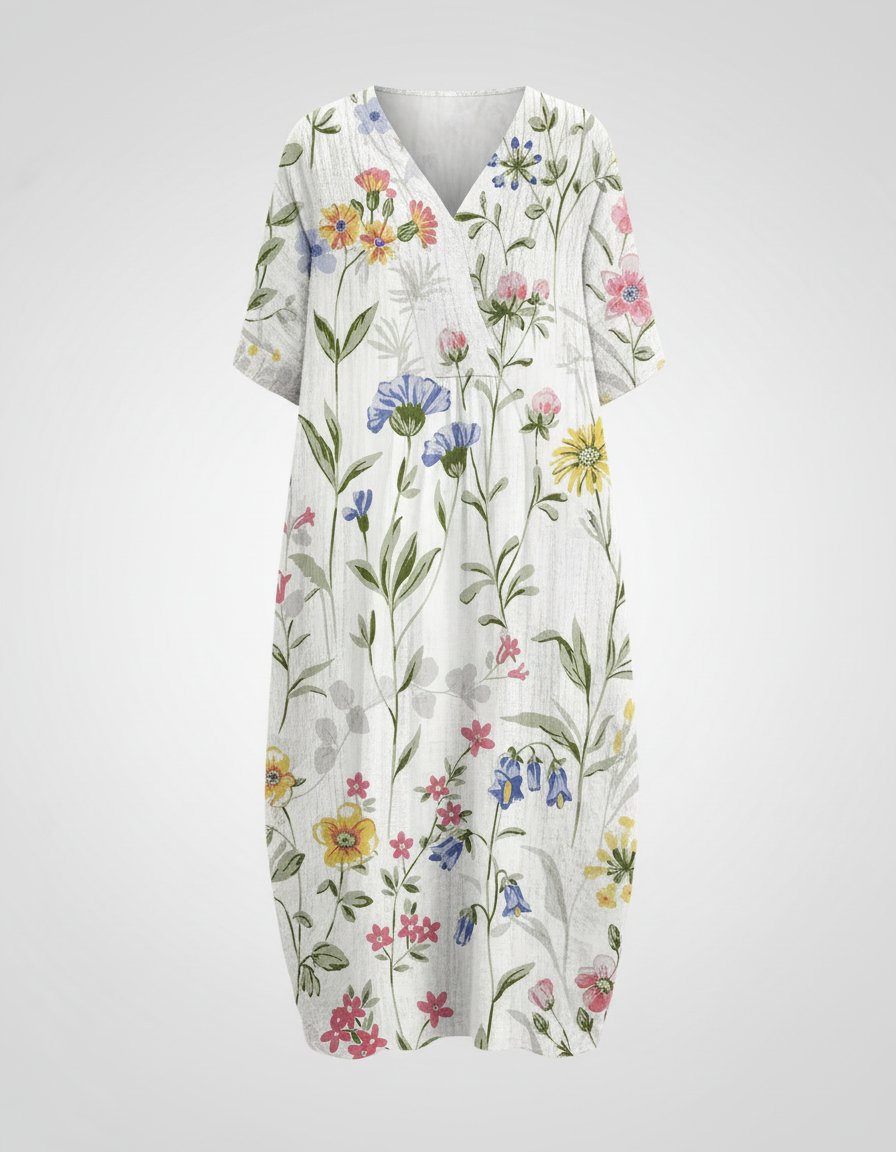Dames Relaxed Linnen Bloemenprint Midi-jurk V-hals - White