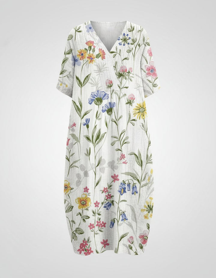 Dames Relaxed Linnen Bloemenprint Midi-jurk V-hals - White