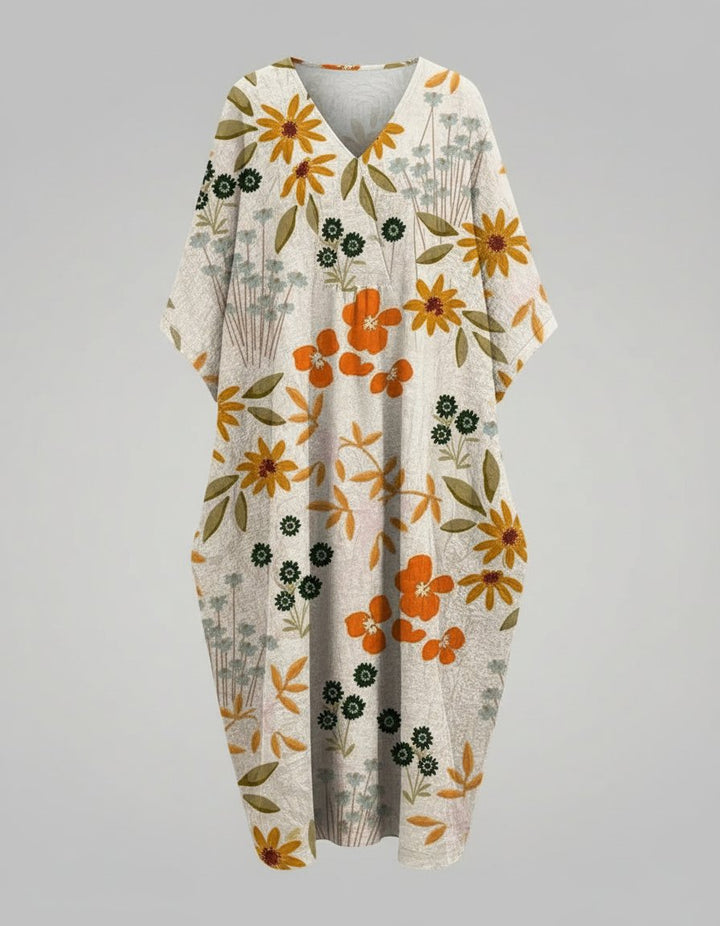 Dames Relaxed Linnen Bloemenprint Midi-jurk V-hals - Beige