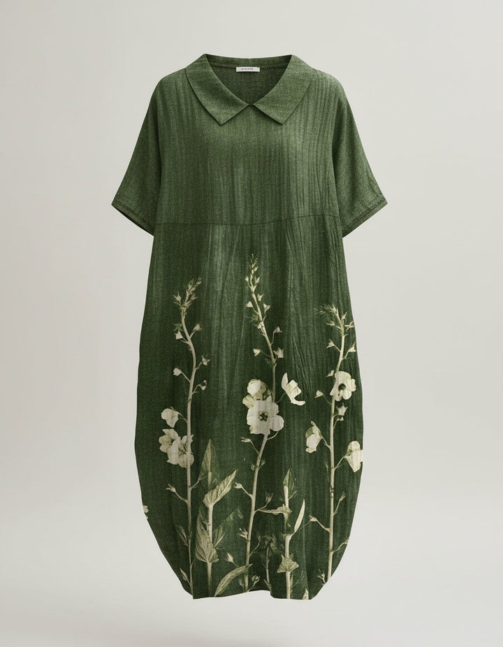 Dames Relaxed Linnen Bloemenprint Midi-jurk V-hals - Green