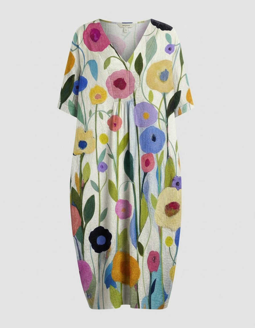 Dames Relaxed Linnen Bloemenprint Midi-jurk V-hals - Colourful Big Flower