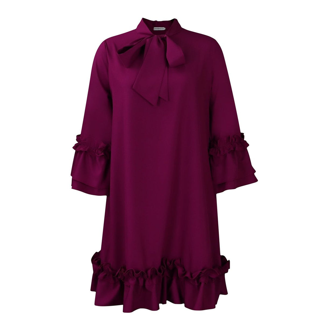 Dames Ruches Strikkkraag Tunic Jurk Driekwart Mouw - Paars