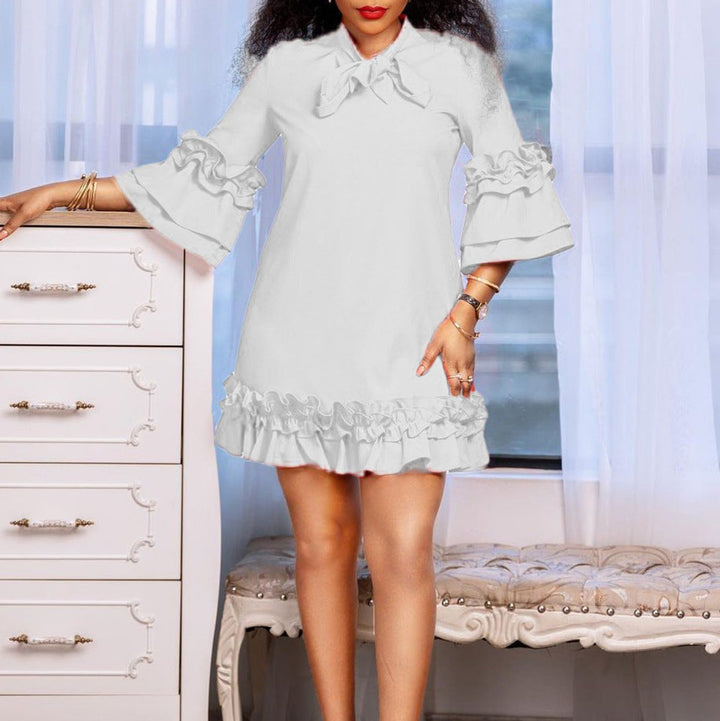 Dames Ruches Strikkkraag Tunic Jurk Driekwart Mouw
