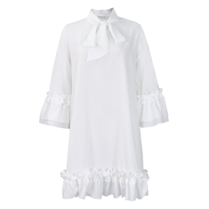 Dames Ruches Strikkkraag Tunic Jurk Driekwart Mouw - Wit