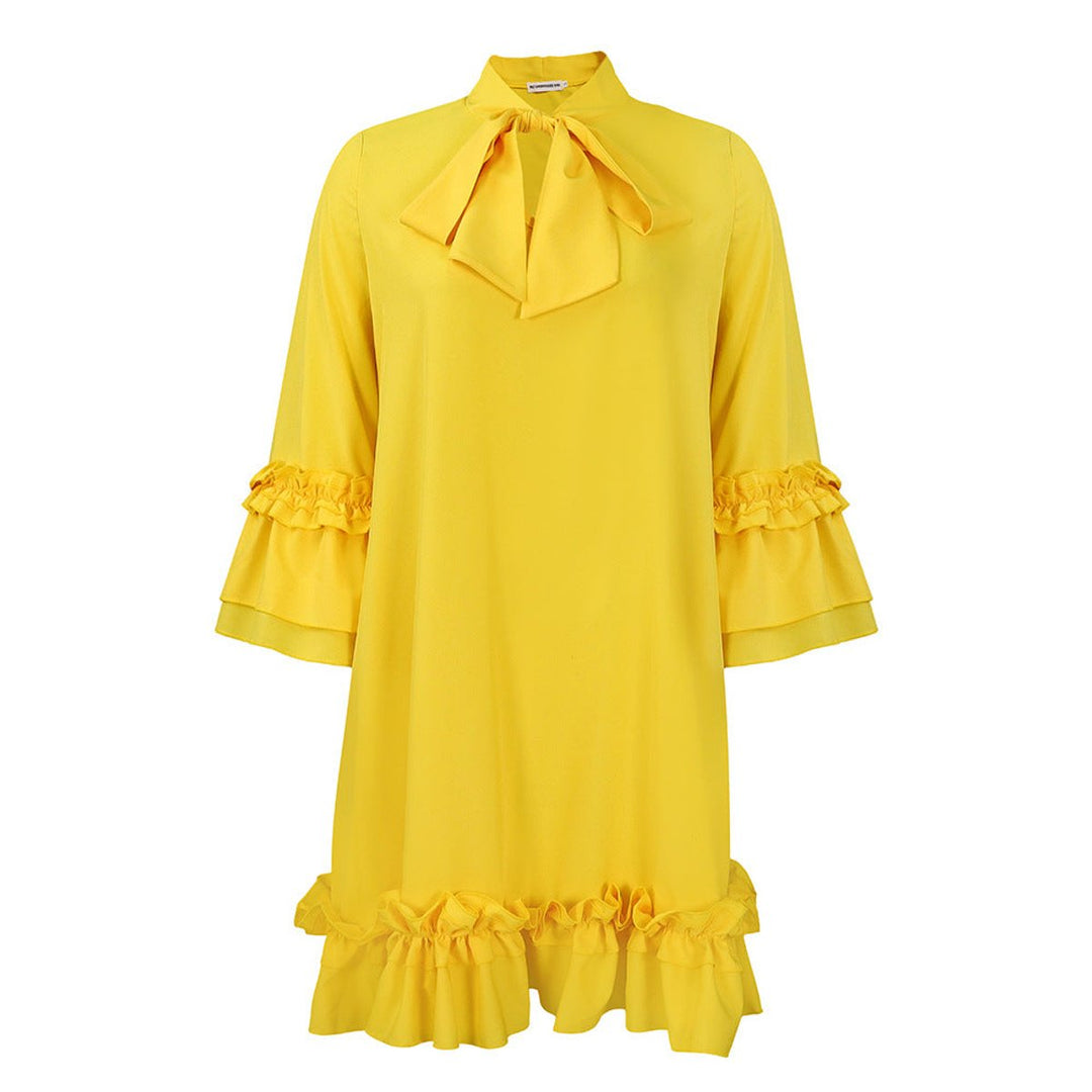 Dames Ruches Strikkkraag Tunic Jurk Driekwart Mouw - Geel
