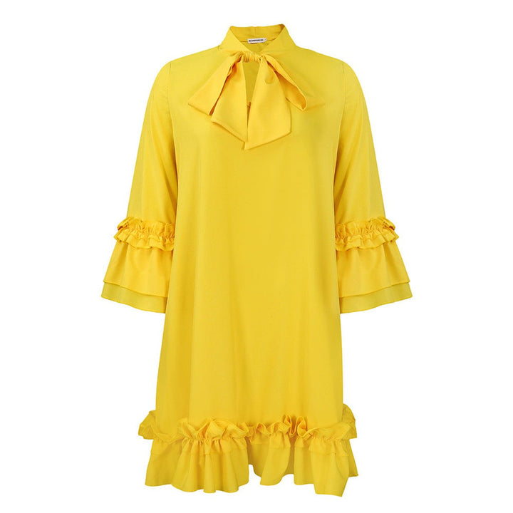 Dames Ruches Strikkkraag Tunic Jurk Driekwart Mouw - Geel