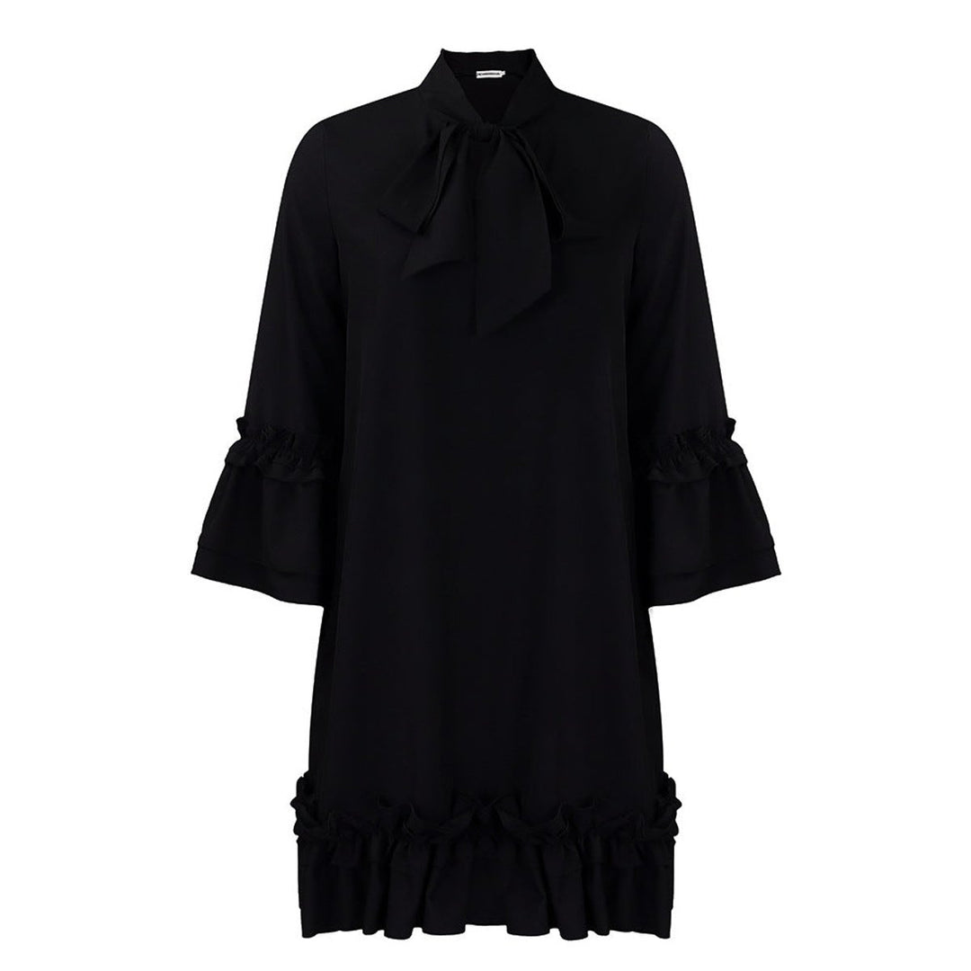 Dames Ruches Strikkkraag Tunic Jurk Driekwart Mouw - Zwart