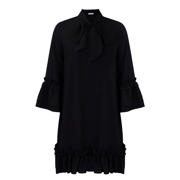 Dames Ruches Strikkkraag Tunic Jurk Driekwart Mouw - Zwart