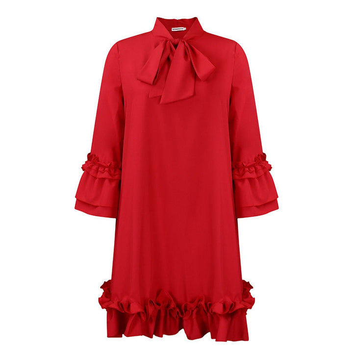 Dames Ruches Strikkkraag Tunic Jurk Driekwart Mouw - Rood