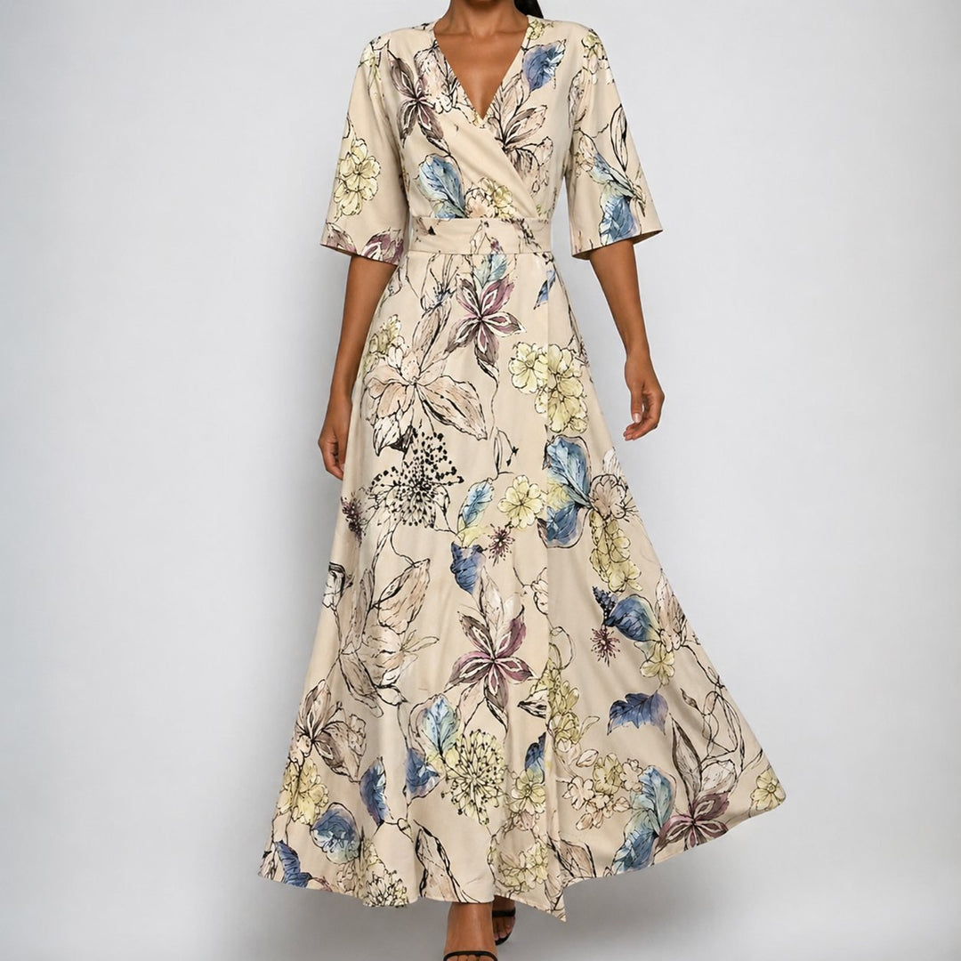 Dames Satijn Bloemenprint Wikkel Maxi Jurk V-hals Riem - Beige