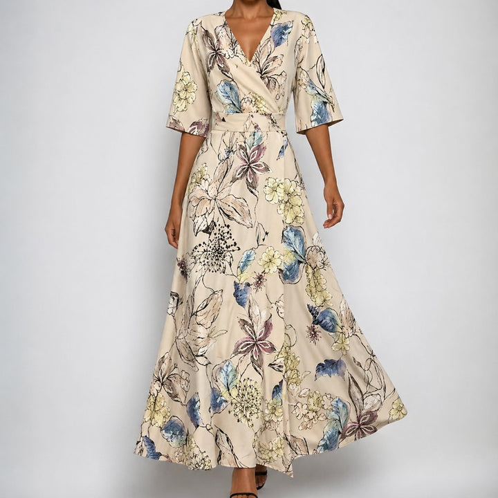 Dames Satijn Bloemenprint Wikkel Maxi Jurk V-hals Riem - Beige