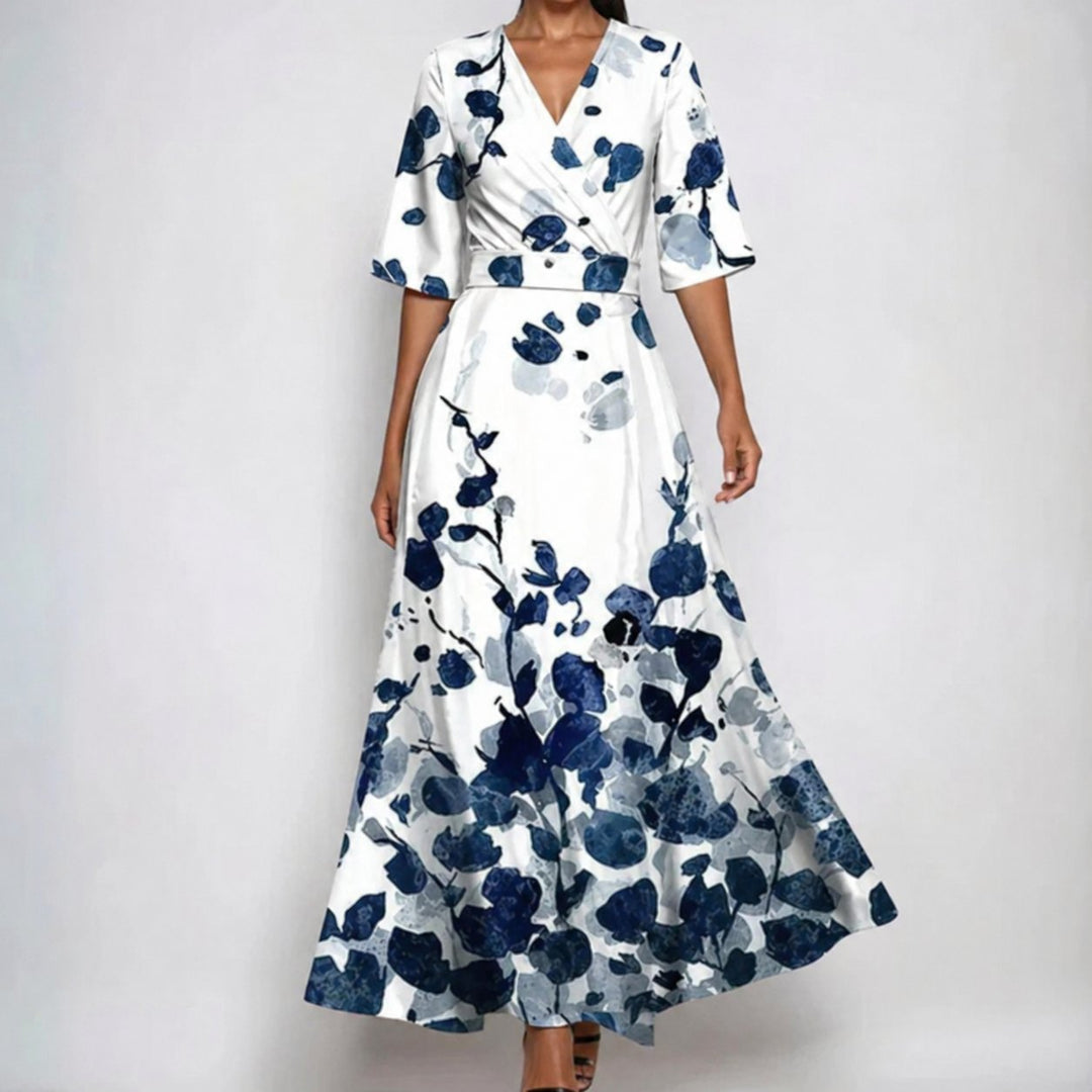 Dames Satijn Bloemenprint Wikkel Maxi Jurk V-hals Riem - White