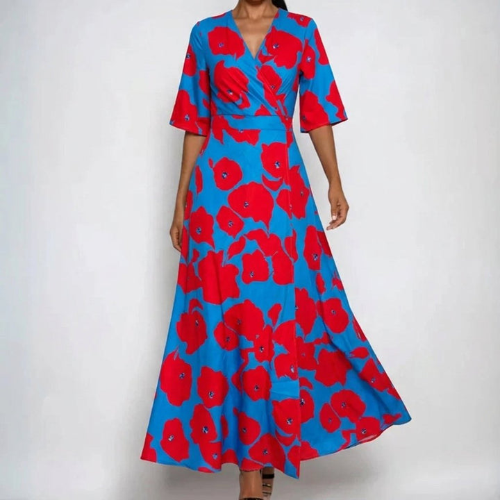 Dames Satijn Bloemenprint Wikkel Maxi Jurk V-hals Riem - Red