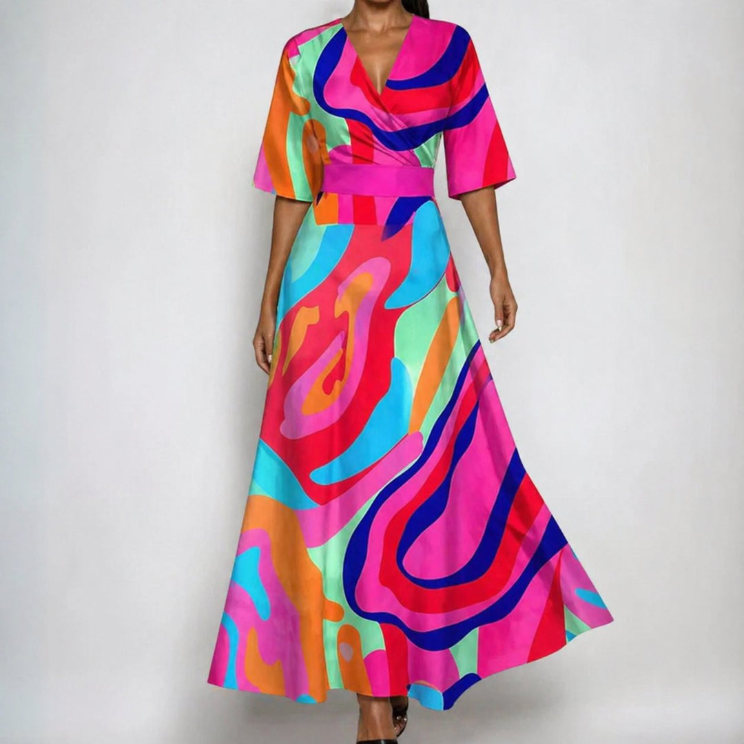 Dames Satijn Bloemenprint Wikkel Maxi Jurk V-hals Riem - Fuschia