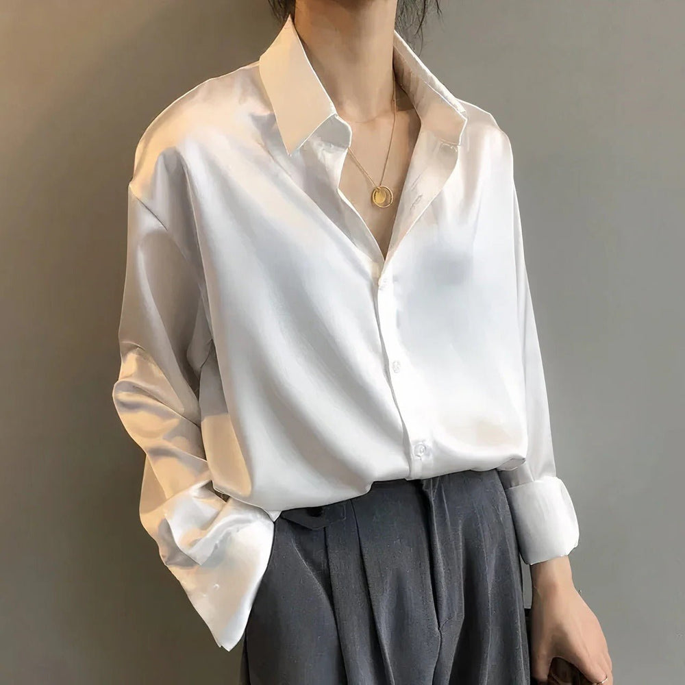 Dames Satijn Blouse Lange Mouw Knoopsluiting Puntkraag - White