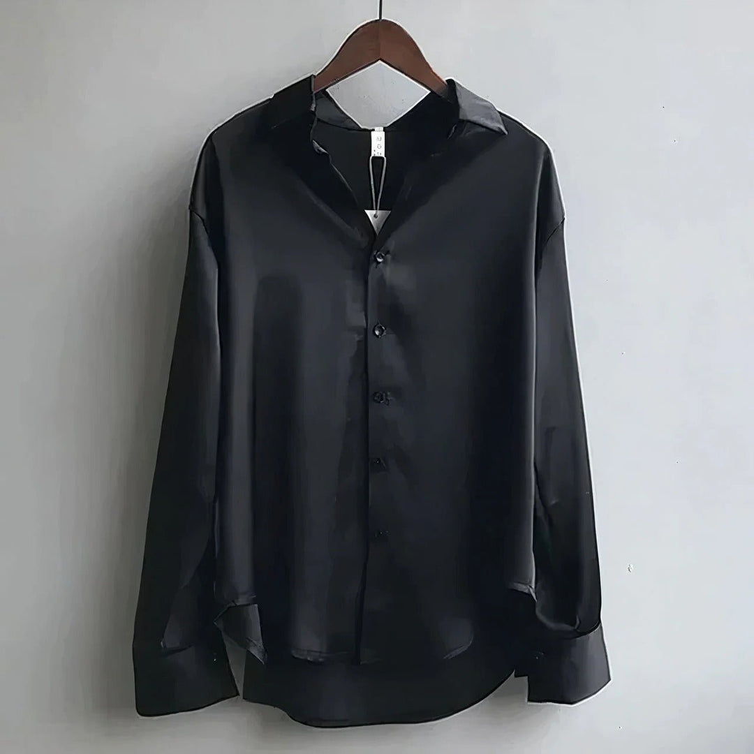 Dames Satijn Blouse Lange Mouw Knoopsluiting Puntkraag - Black