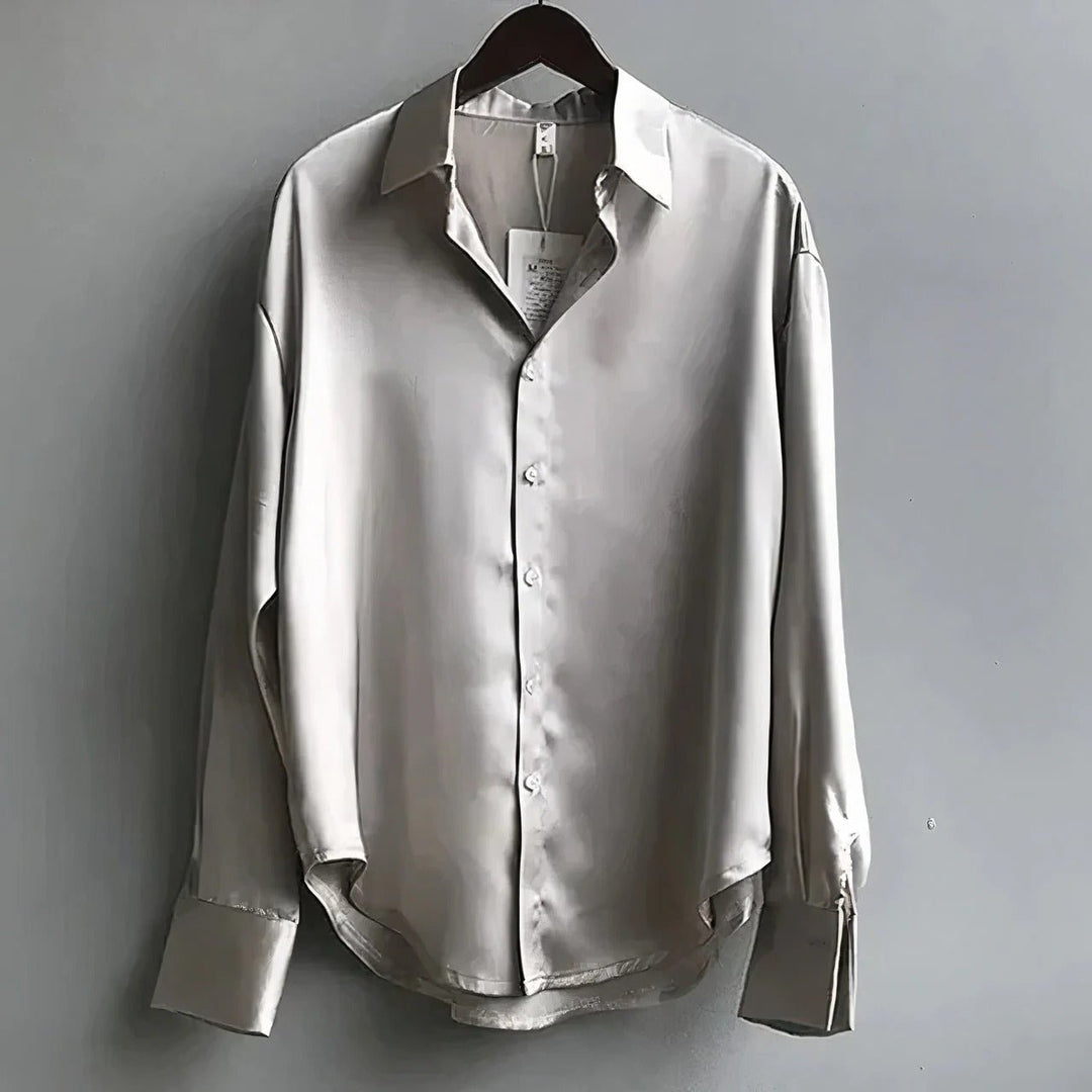 Dames Satijn Blouse Lange Mouw Knoopsluiting Puntkraag - Gray