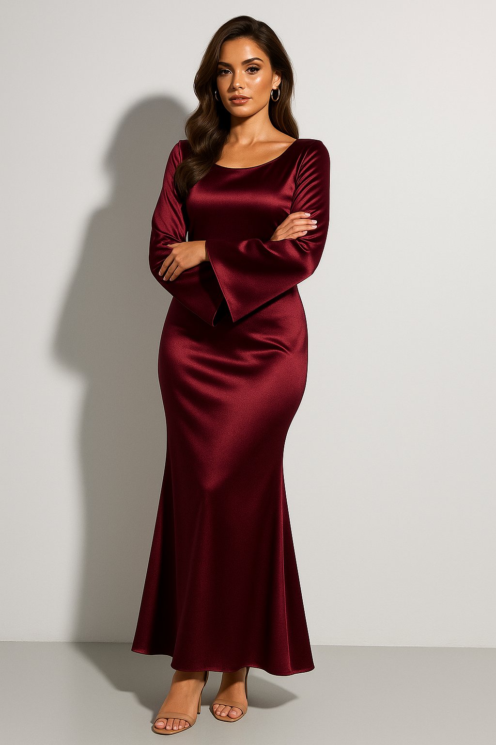 Dames Satijn Lange Mouw Scoop Neck Fishtail Maxi Jurk - Dark Red