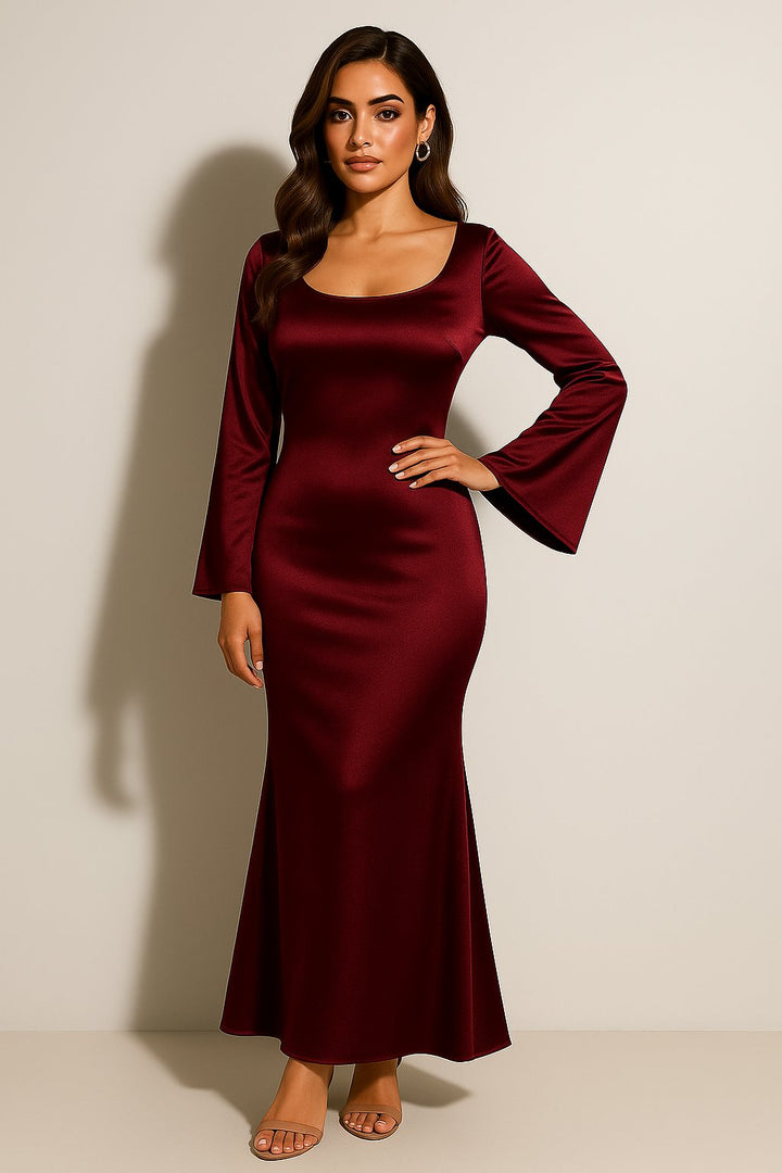 Dames Satijn Lange Mouw Scoop Neck Fishtail Maxi Jurk