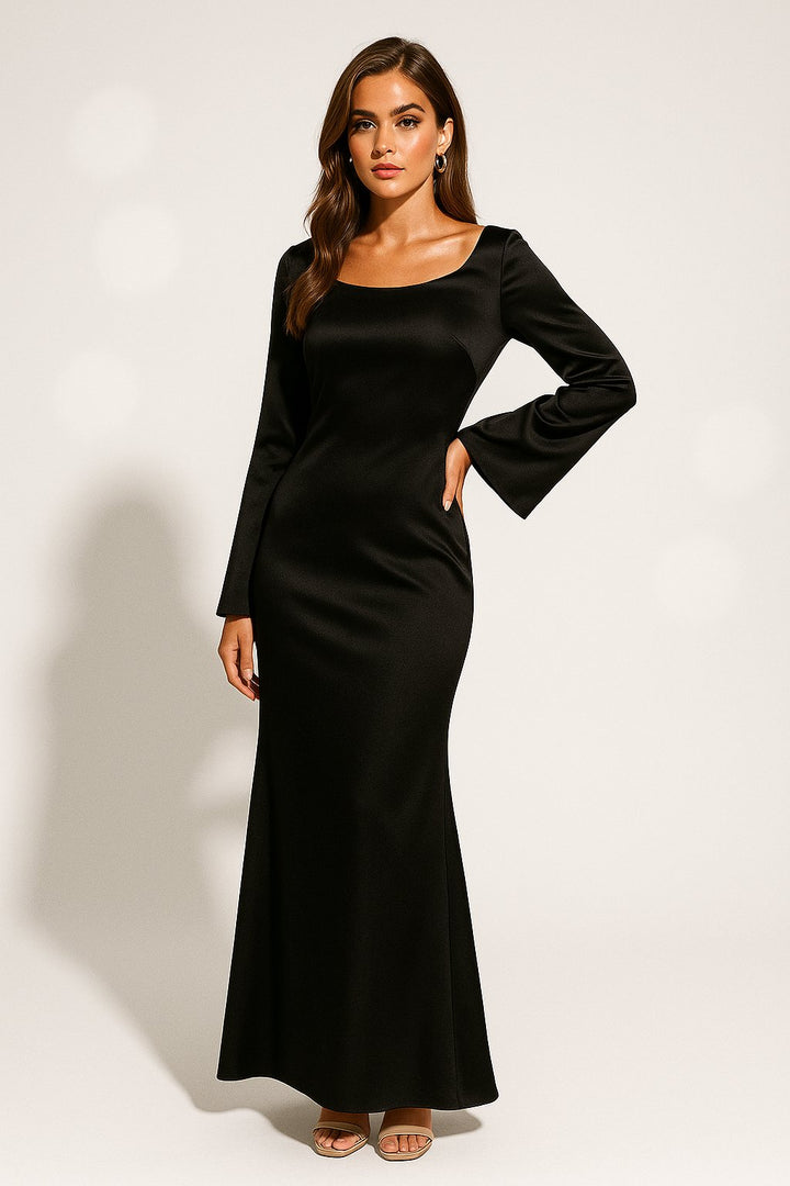 Dames Satijn Lange Mouw Scoop Neck Fishtail Maxi Jurk - Black
